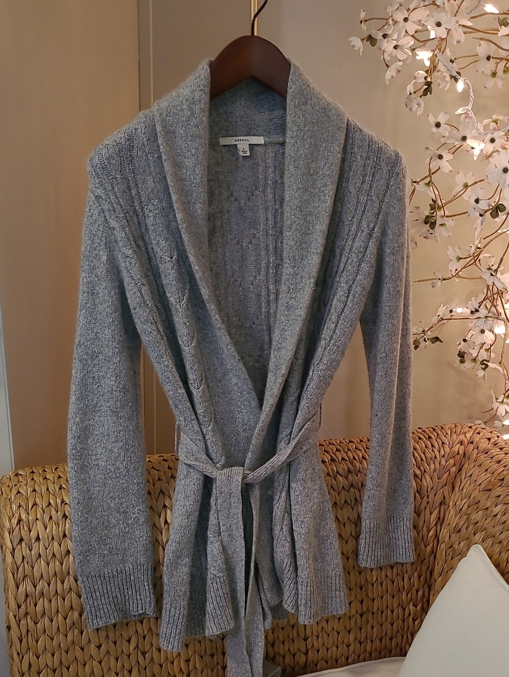 Merona Wool Blend Light Gray Shawl Collar Belted Cardigan